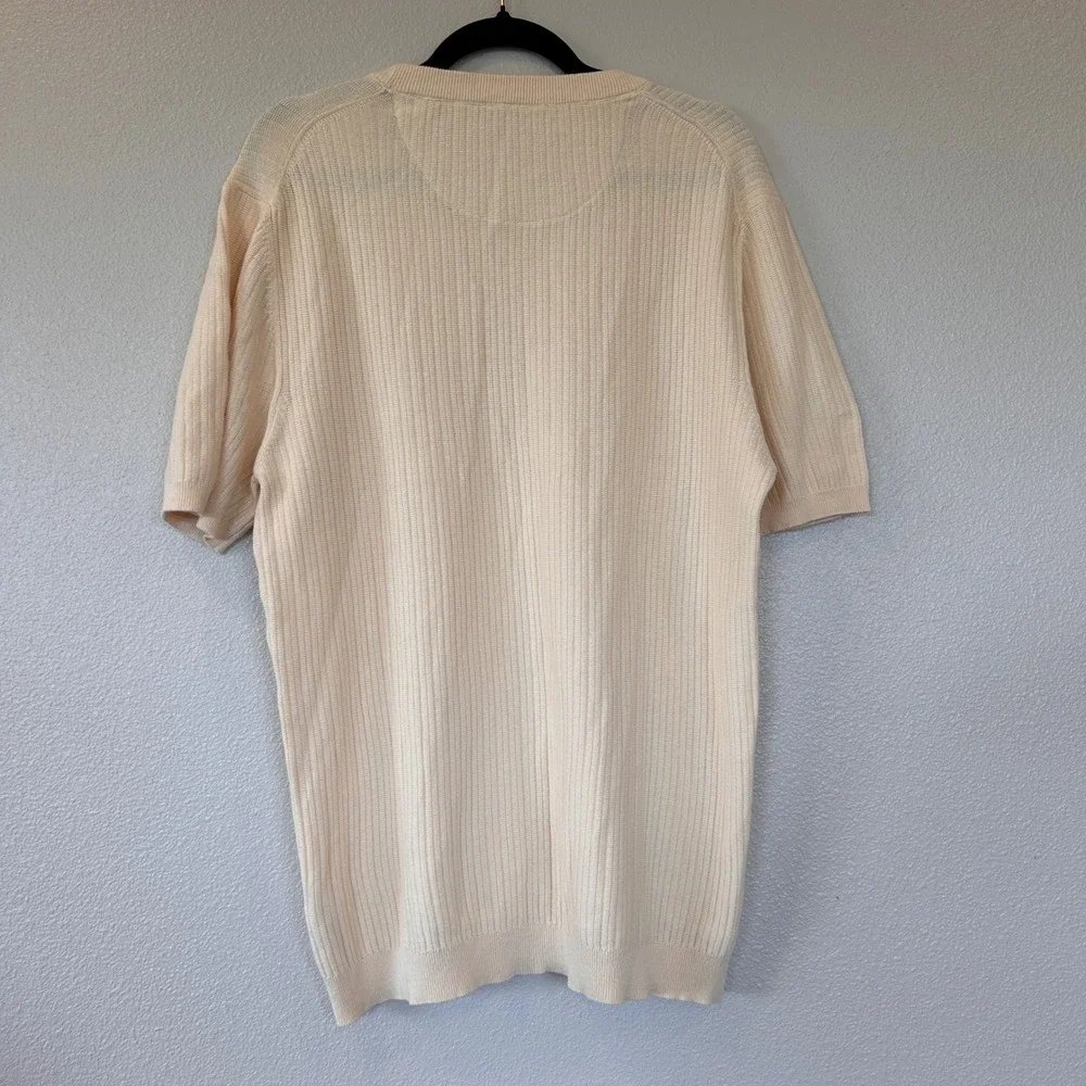 Denim & Flower Ricky Singh Mens Large Cream Ribbed Short Sleeve Cotton Sweater
